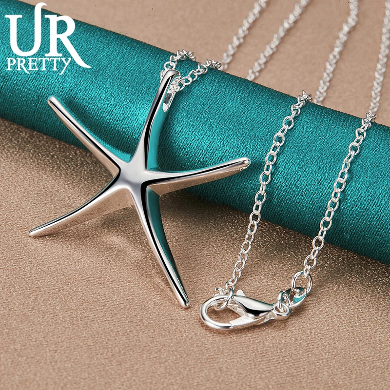 URPRETTY 925 Sterling Silver Solid Star Necklace 16/18/20/22/24/26/28/30 Inch Snake Chain For Woman Party Wedding Jewelry