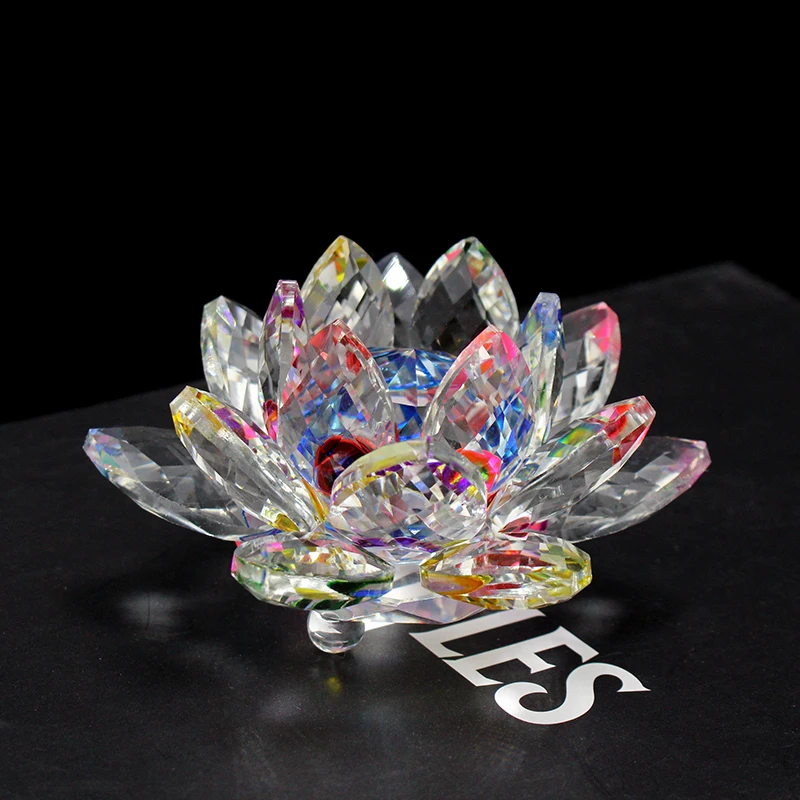 

85mm Rainbow Color K9 Nature Crystal Lotus Flower Crafts for Home Fengshui Decoration Paperweight Office Ornament