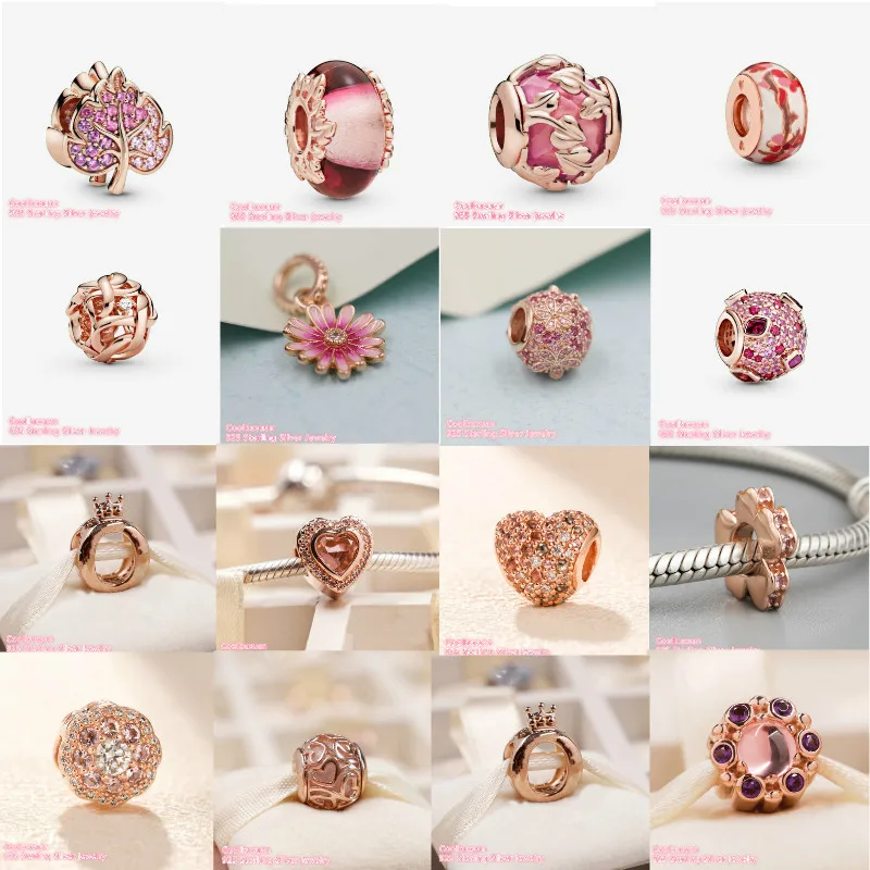 925 Sterling Silver Beads Rose Gold  Decorative Pink Daisy Flower Kiss Crown O Heraldic Radiance Sparkling Pave Leaf Charm