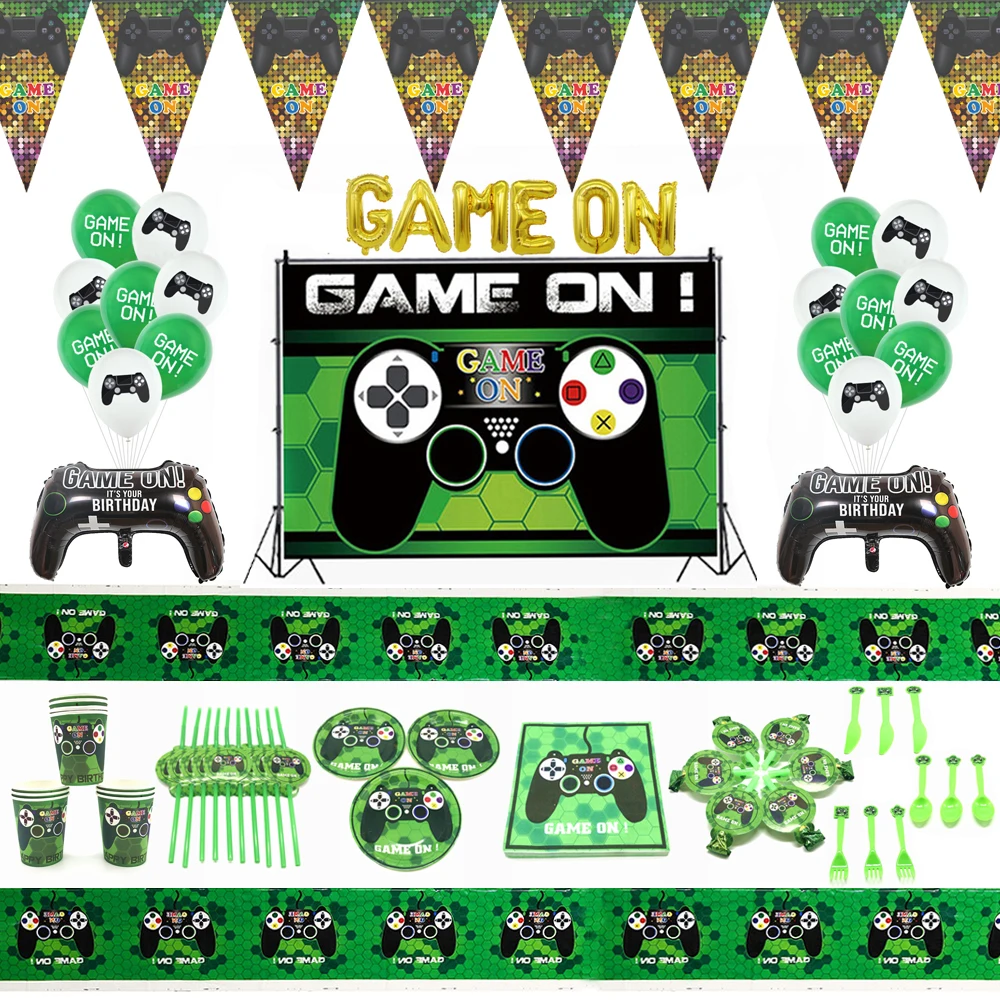 Game On Party Birthday cup paper plate straws tableware tablecloth Boy Party Decor Banner Video Game On Party Supplies ballon