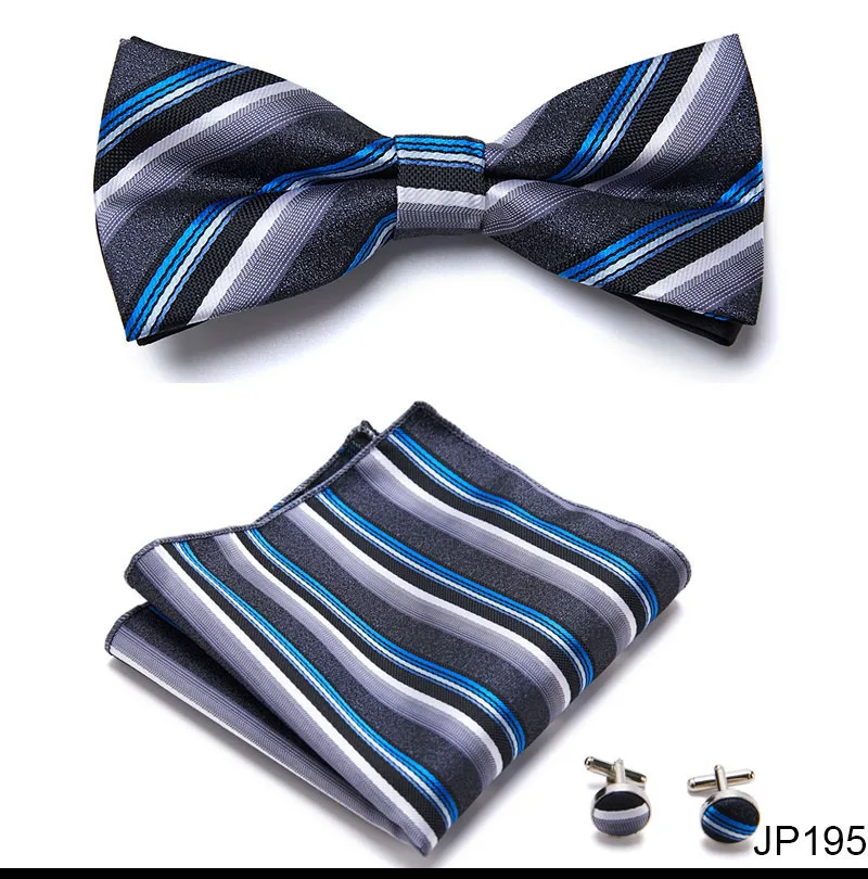 Great Quality Silver Office Butterfly Hanky Cufflink Set Bowtie For Men Geometric Hombre Formal Clothing