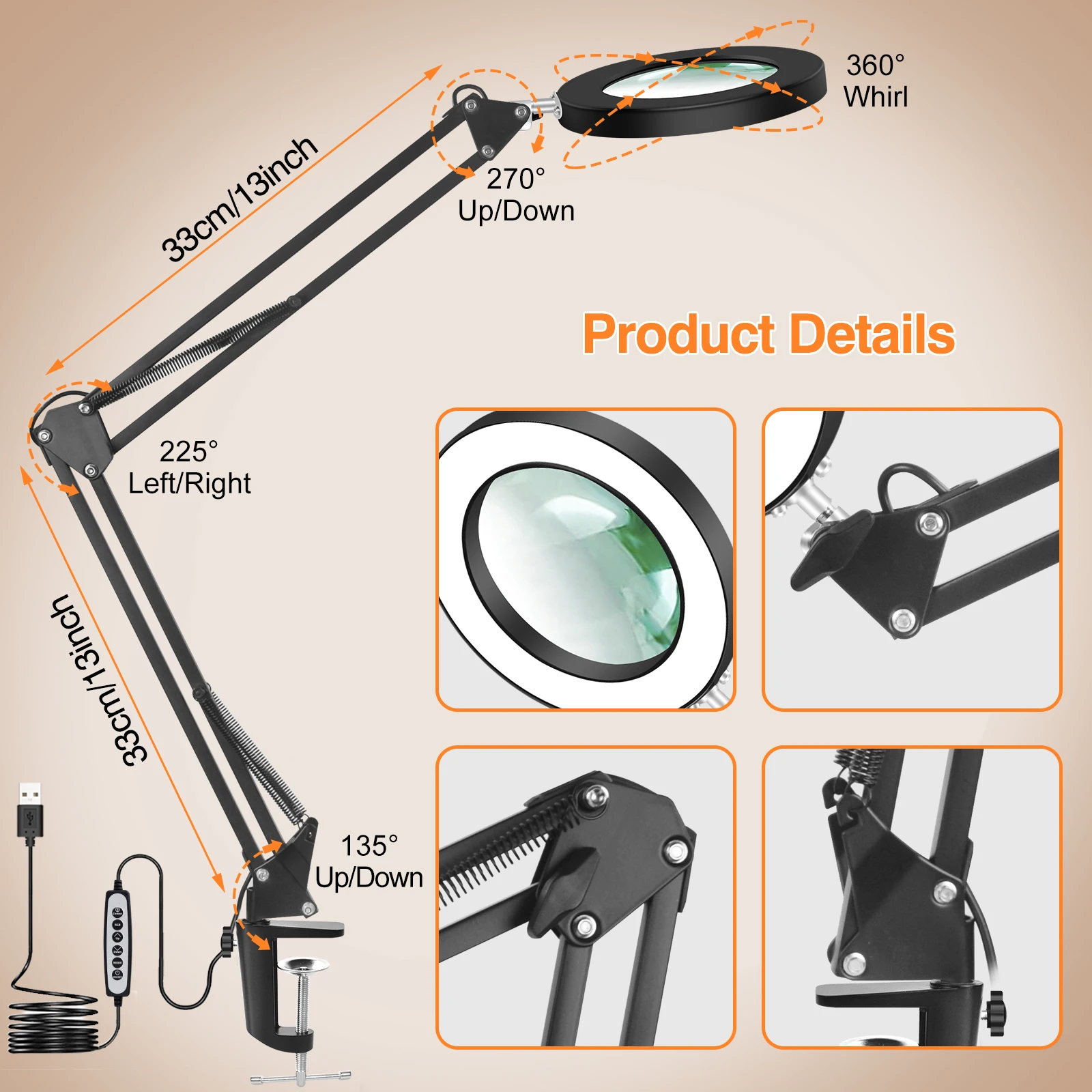 NEWACALOX Gấp USB 5X Kính Phóng Đại 3 Màu Đèn LED Chiếu Sáng Kính Lúp Kẹp Bàn Đọc Sách Hàn Kính Lúp Thứ Ba Dụng Cụ Cầm Tay
