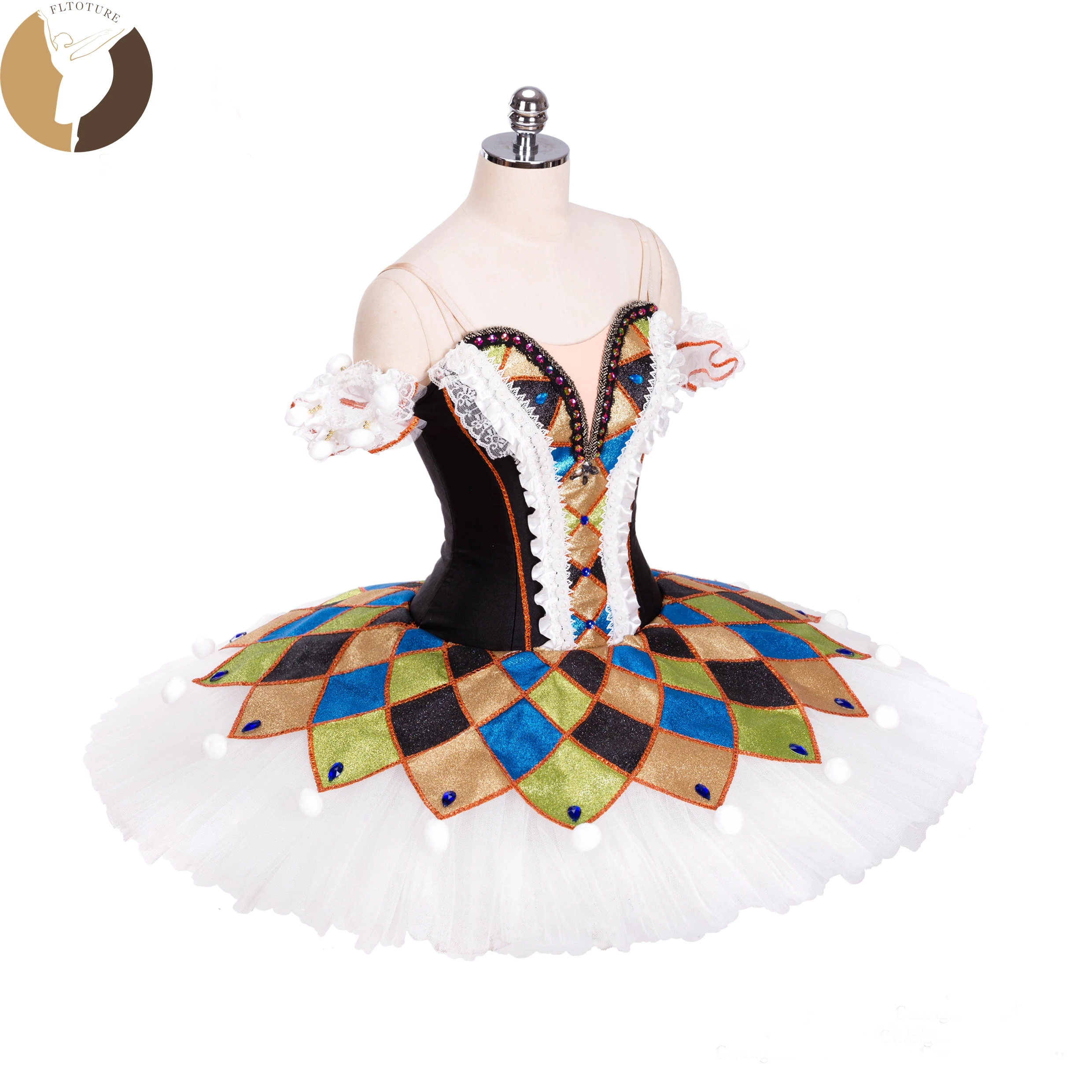 FLTOTURE Adult Professional Classical Ballet Pancake Tutu Black White Ballet Tutus Nutcracker Dolls Harlequin Columbine Costumes