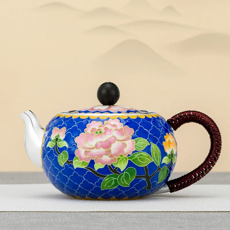 

Silver 999 Silver Pot Kettle Cloisonne Handmade Peony Chinese Palace Style Family Silver Tea Set