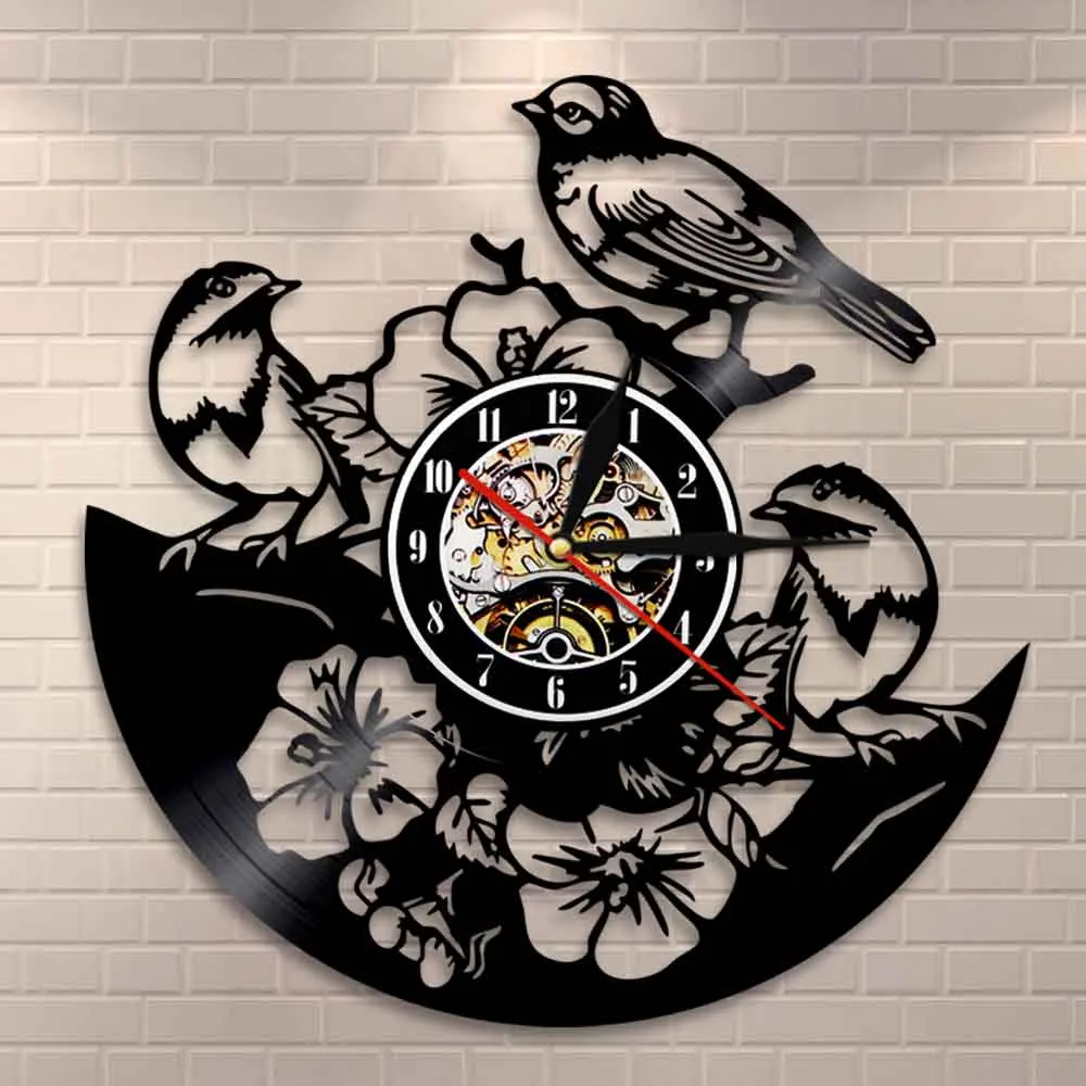 Tropical Peel and Stick Nature Wall Art Decor Three Birds Flower Artwork Hanging Clock Retro Vinyl Record Modern Design Watches