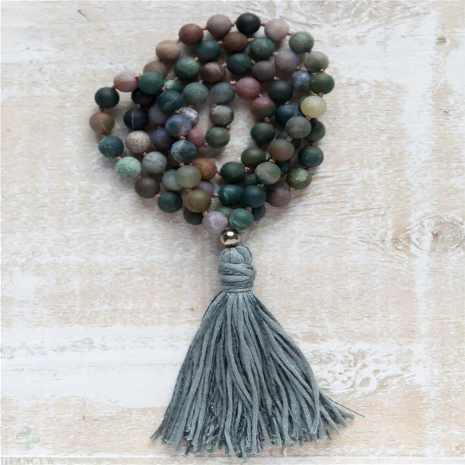 8mm Indian Agate Gemstone 108 Beads Mala Tassel Necklace Japa Retro Prayer Spirituality Yoga Mala Mala Buddhist