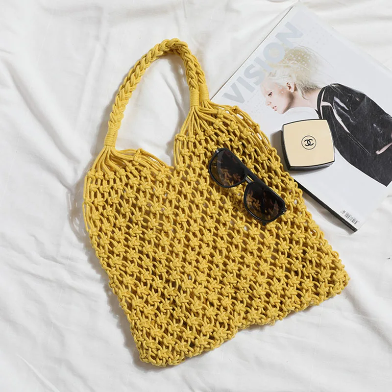 Straw Bag Cotton Bag Retro Folding Bag Female Bag Handbag Shoulder Bag Beach Holiday Hollow Large Capacity