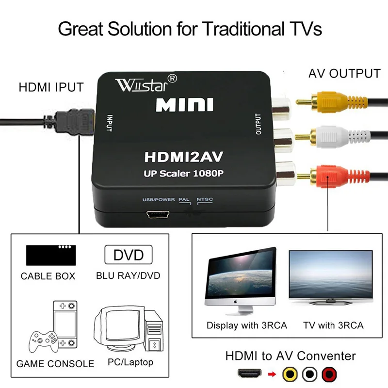 HDMI TO AV Scaler Adapter HD Video Composite Converter Box HDMI to RCA AV/CVSB L/R Video 1080P Mini HDMI2AV Support NTSC PAL