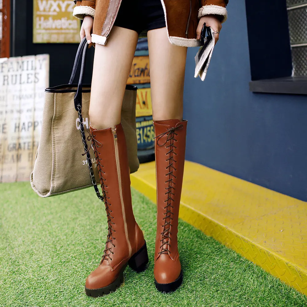 New Lacing Winter Knee High Boots Women High Heels Zipper Autumn Rubber Sole Brown Heel Long Boots Shoes Big Size 2021