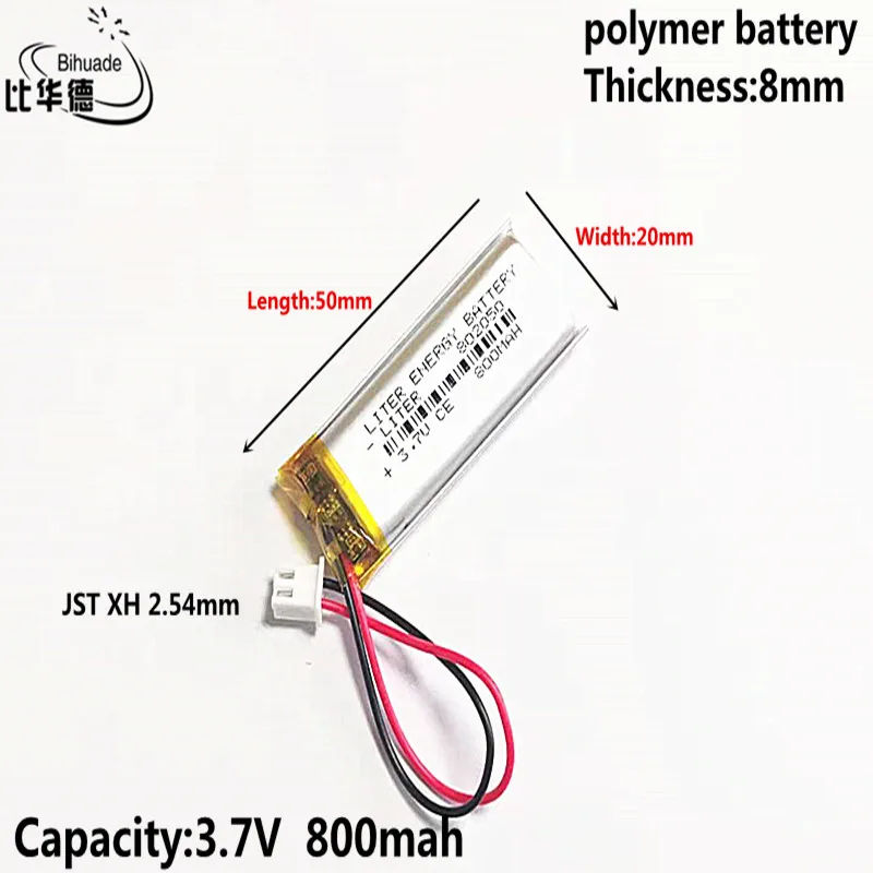 3.7V 800MAH 802050   JST XH 2,54 mm akumulator litowo-polimerowy LiPo do słuchawek Mp3 PAD DVD kamera bluetooth