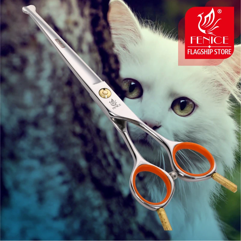 Fenice 5.0/6.0/4.75 inch Pet Grooming Cutting Curved Shears with Safety Round Tips Thinning Scissors for Cats Japan 440C