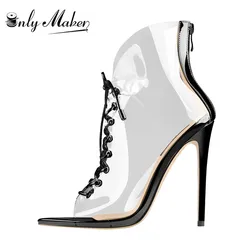 Onlymaker PVC delle donne Peep Toe Trasparente Lace Up Cerniera Posteriore Cinturino Alla Caviglia Tacco A Spillo Partito Della Signora di Modo di Oro e Nero sandali