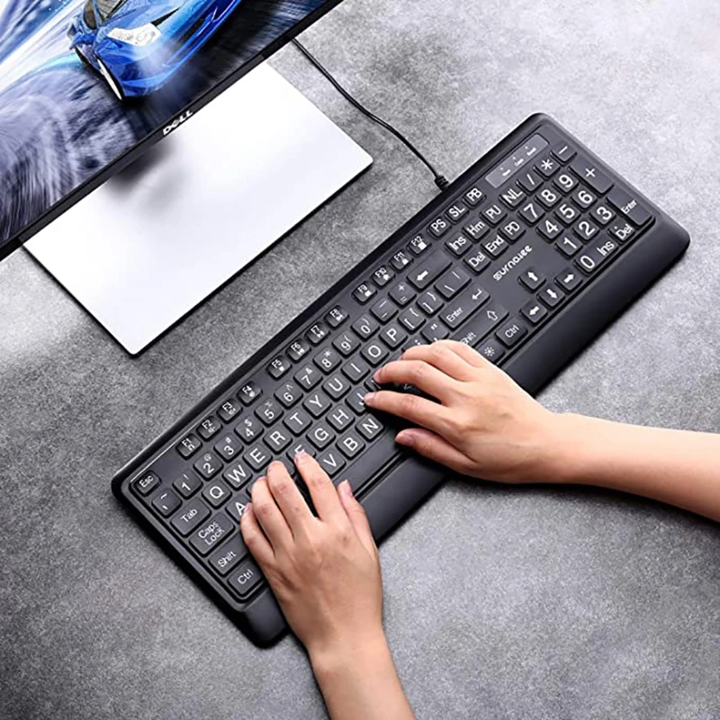 USB Wired Backlit Keyboard Big Print Letter with White Illuminated LED Backlit Keyboard 104 Keys Standard Full Size