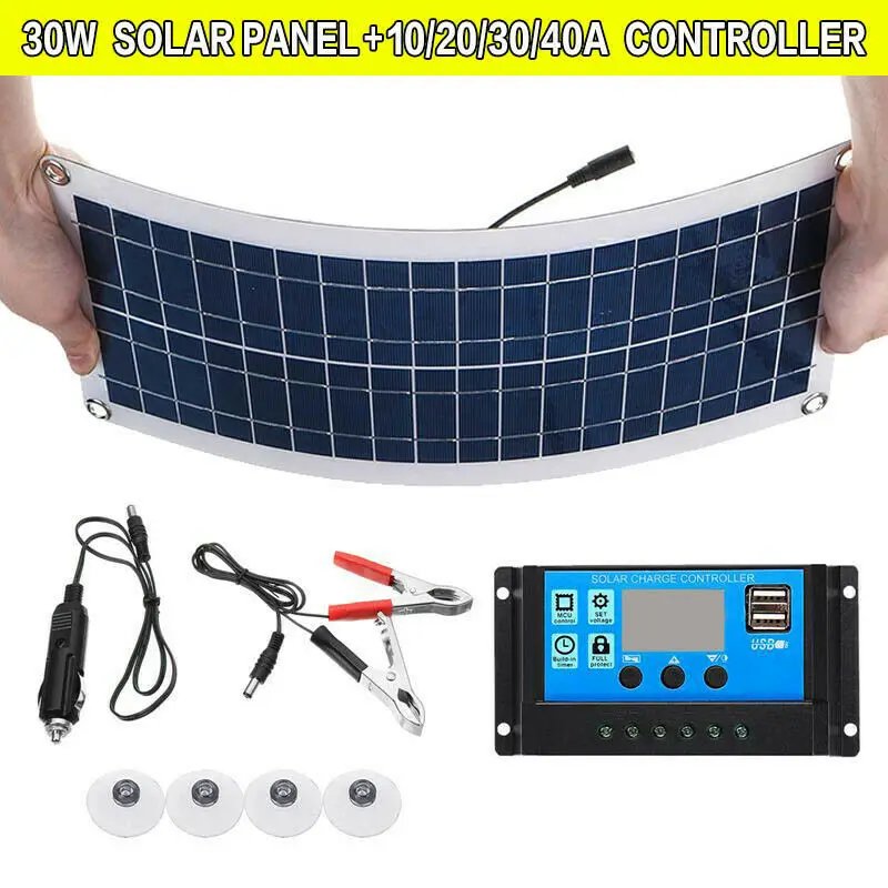 WENXING Flexible 12V 30W Dual USB Solar Panel+ 40A Solar Charger Controller For Battery Cell Phone Charger with Battery Clip