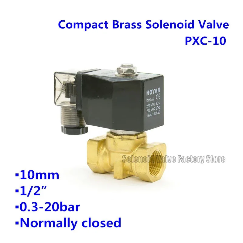 

2 Way Compact Brass PXC-10 Normally Closed Air Oil Water Solenoid Valve D16011 Coil Orifice 10mm BSP Port G1/4" G1/2" AC220V