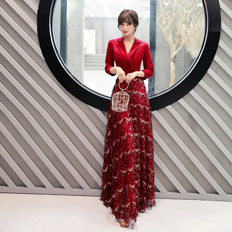 Burgundy Sexy V-Neck Oriental Party Female Sequins Stage Show Tassel Qipao Elegant Celebrity Evening Dress Banquet Dresses