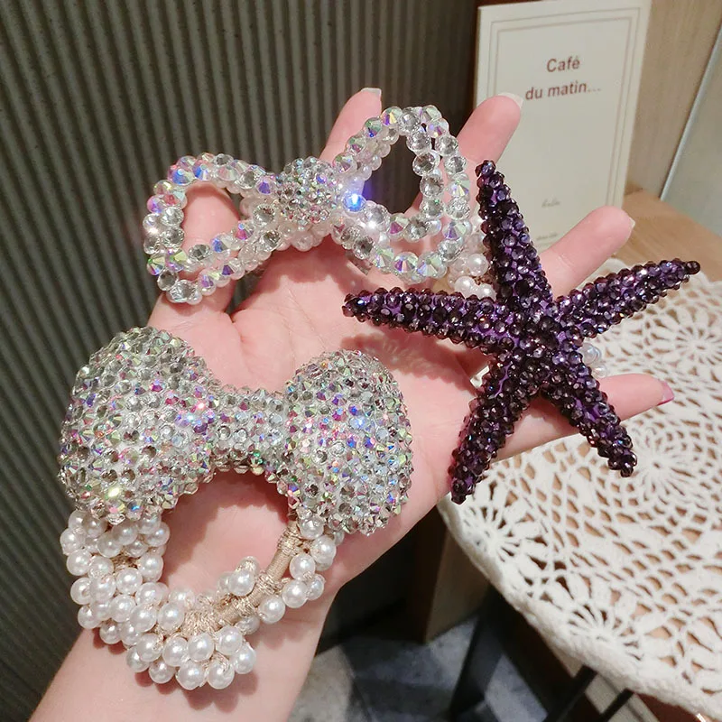 Full Rhinestone Bow Hair Accessories Elastic Hair Bands Luxury Crystal Doll Bear Heart-shape Hair Tie Rubber Band Gums Wholesale