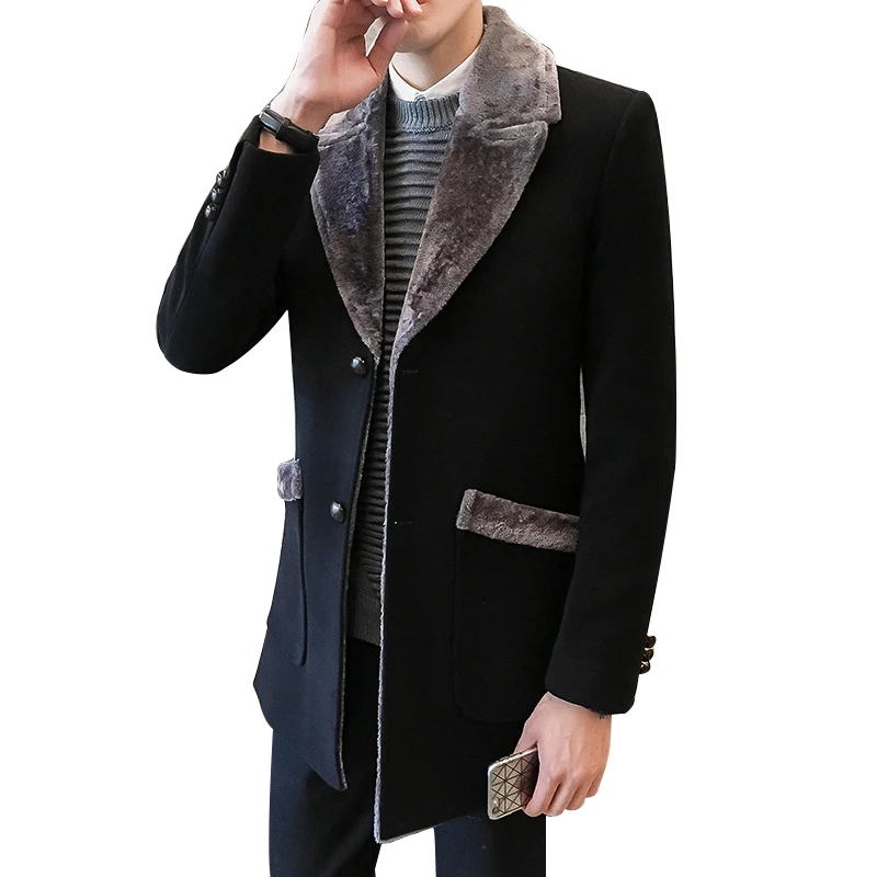 

Fur Collar Trench Coat Men Wool Blend Winter Coat Slim Fit Men Manteau Homme Mid-Long Black Grey Mens Trench Coat Blue M~5XL