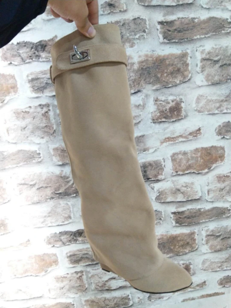 Sexy Suede Shark Lock Fold-Over Thigh High Belted Boots Pointed Toe Covered Wedge Heel Winter Boots Women Plus Size 43