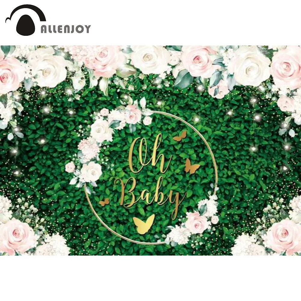 Allenjoy Oh Baby Floral Backdrop Green Leaves Grass Baby Shower Newborn Announce Pregnancy Birthday Party Supplies Decorations