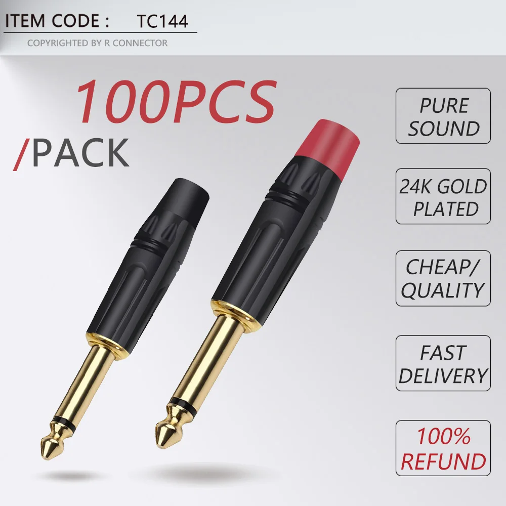 100PCS 6.35MM Jacks 6.3MM Mono Male Plug Connector Gold Plated Brass 1/4 Inch Microphone Plug Connector