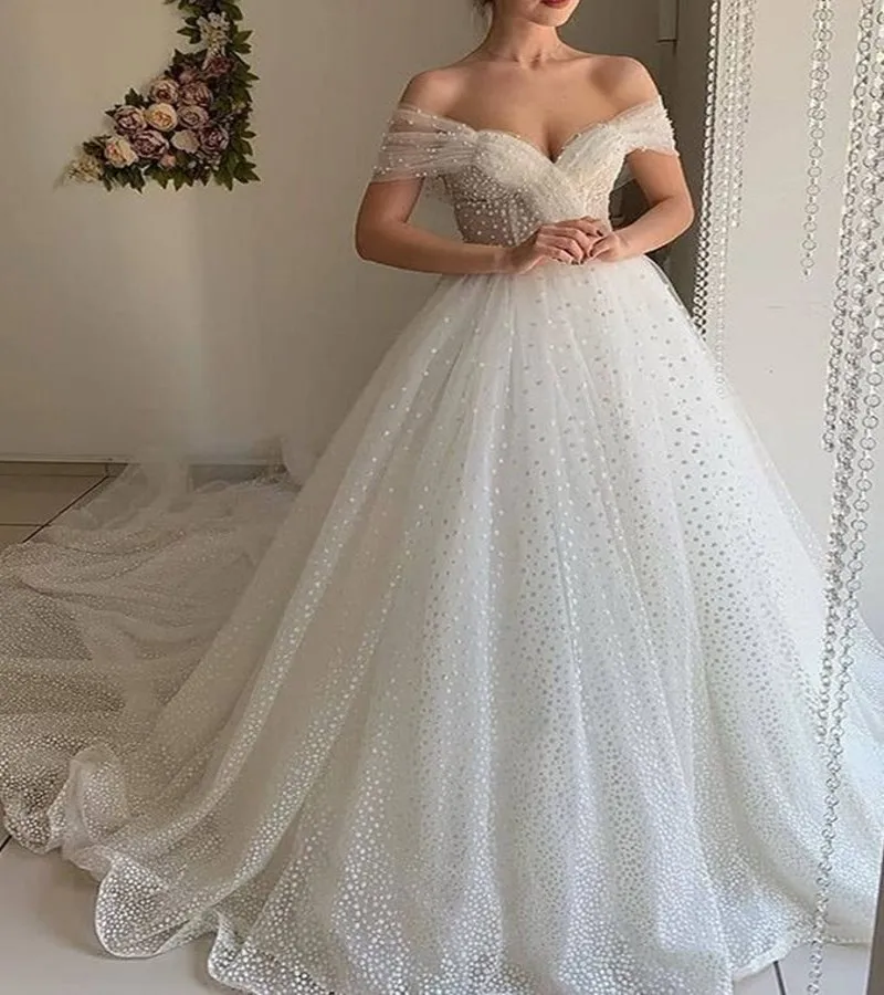 Bling Sequin Bridal Wedding Dress 2024 Off-The-Shoulder Pearls Bride Gown Arabic Dubai Customed Vestidos De Noiva Mariage