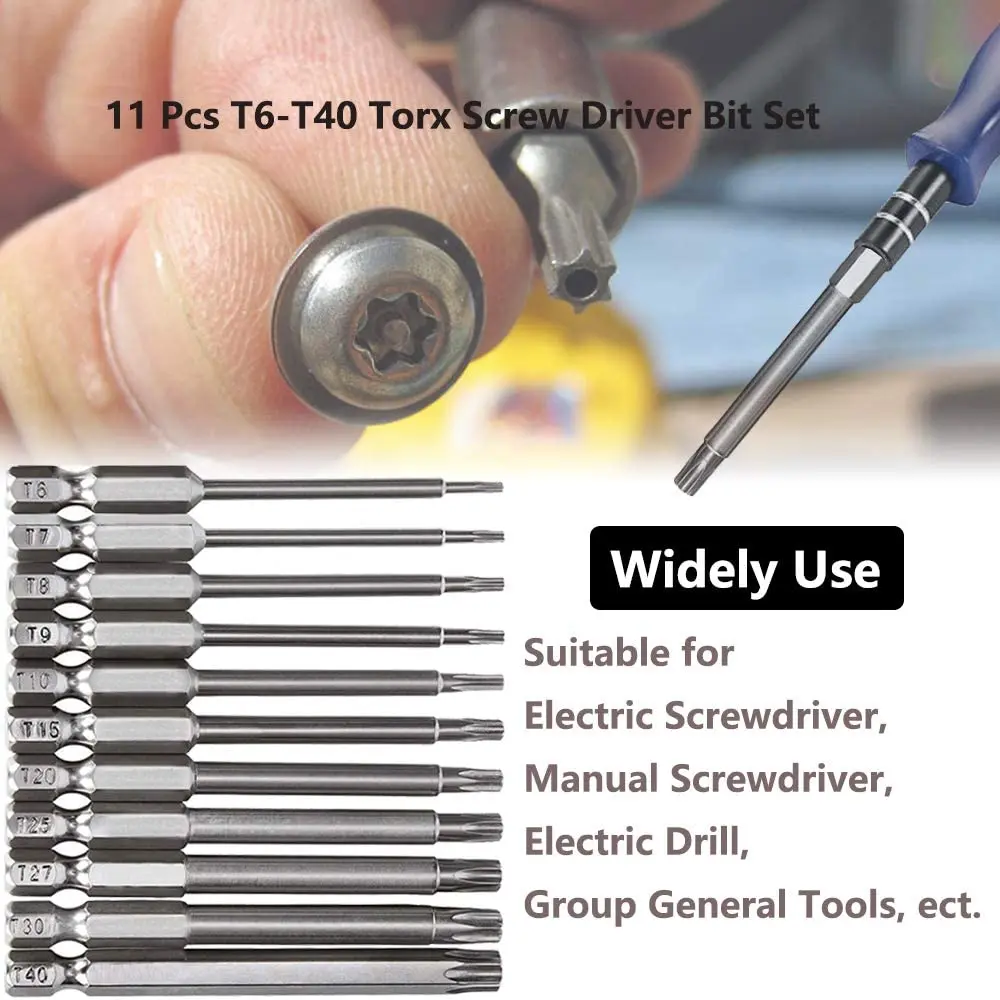 11 Pieces 1/4 Inch Hex Shank T6-T40 4 Inch Length S2 Steel Torx Security Head Screwdriver Drill Set Bits, 100mm/3.93 Inch Long