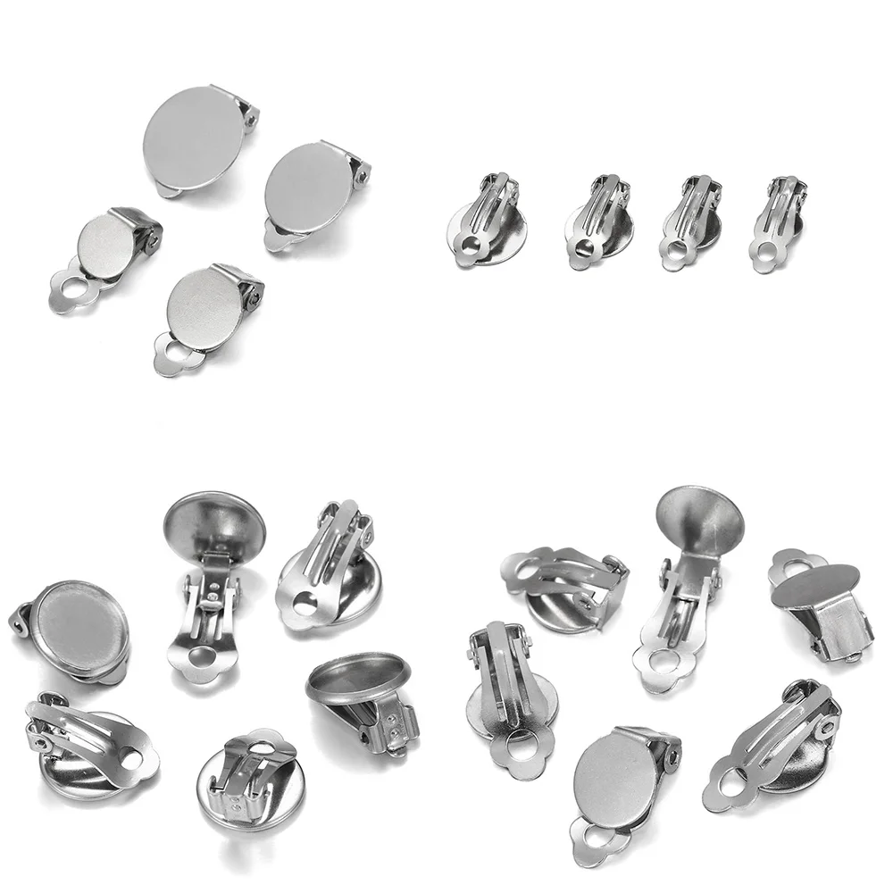 10 Stück 8–14 mm Edelstahl runde flache Ohrclip-Basis Cabochon Lünette Tablett Ohrringe Clips für DIY Schmuckherstellung Zubehör