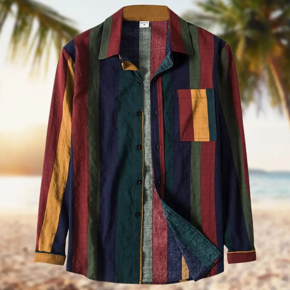 2021 Men Shirts Cotton Linen Button Down Summer Long Sleeve Casual Loose Blouse Color Matching Hawaiian Holiday Shirts