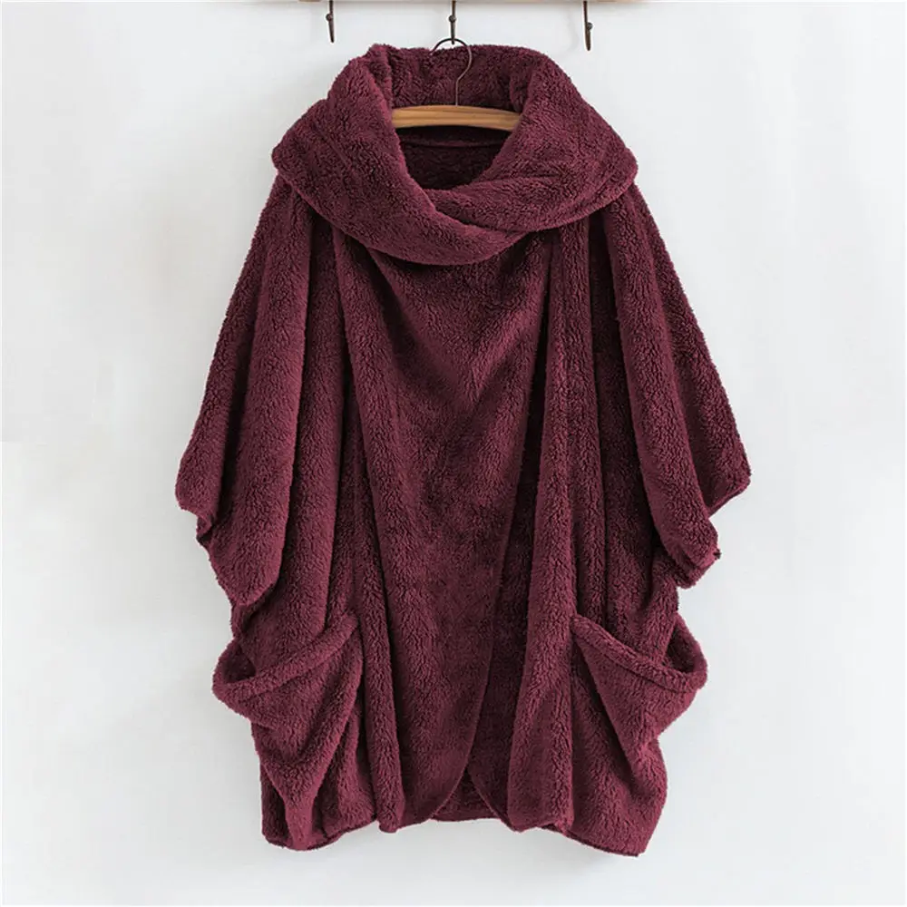 

Women Oversized Turtleneck Sweater Sherpa Fleece Robe Plus Size 5XL Pullover Fluffy Teddy Sweaters Big Pockets Winter Streetwear