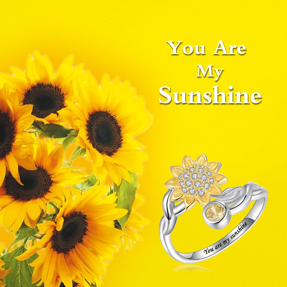 925-Sterling-Silver You are My Sunshine Sunflower Ring for Women Adjustable Opening Ring With Cubic Zirconia Flower Jewelry Gift