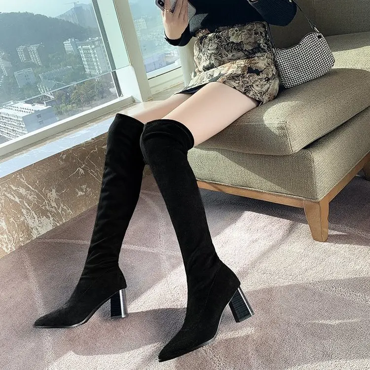 New Women\'s Top Resiliency Pu Leather Over The Knee Boots Slip on Thick High Heel Platform Thigh Boots Ladies Fashion Shoes