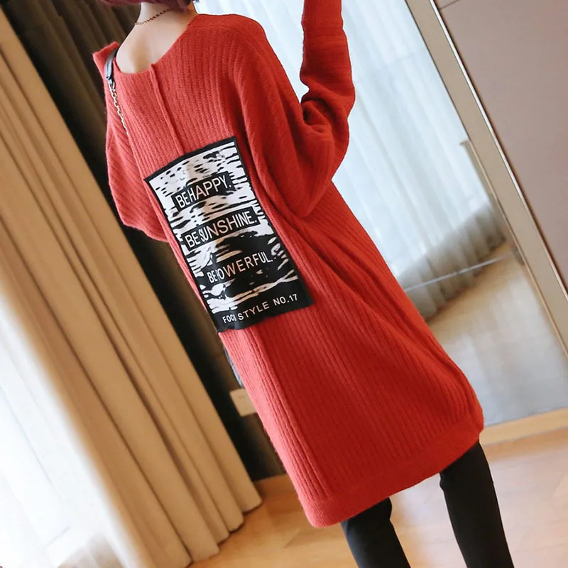 2019 female new autumn and winter berif Korean style long dress with  V-neck loose sweater