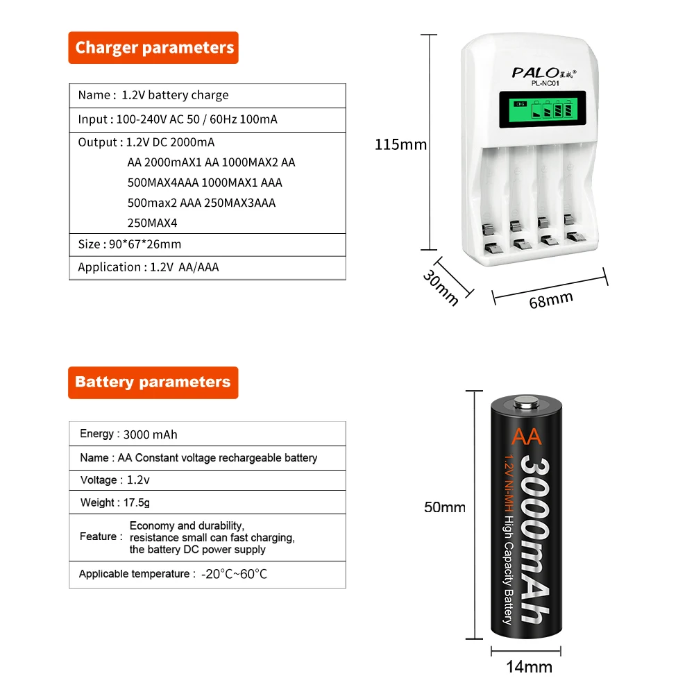 PALO-100% 오리지널 1.2v AA 충전식 배터리, aa 1.2v nimh aa 배터리, LCD 스마트 충전기 포함, 1.2v nimh aa aaa 용