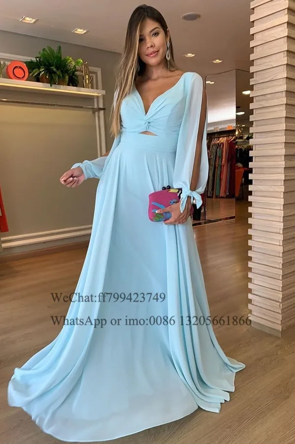 Elegant Chiffon Long A-line Bridesmaid Dresses Long Sleeve Sky Blue V-neck Wedding Party Dress For Women Custom Made Prom Gown