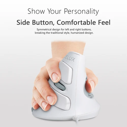 Imagen 2 del producto Ratón Vertical ergonómico con cable blanco Delux M618BU, 1600 DPI, 6 botones, óptico, para mano derecha, con alfombrilla para muñeca para PC y portátil