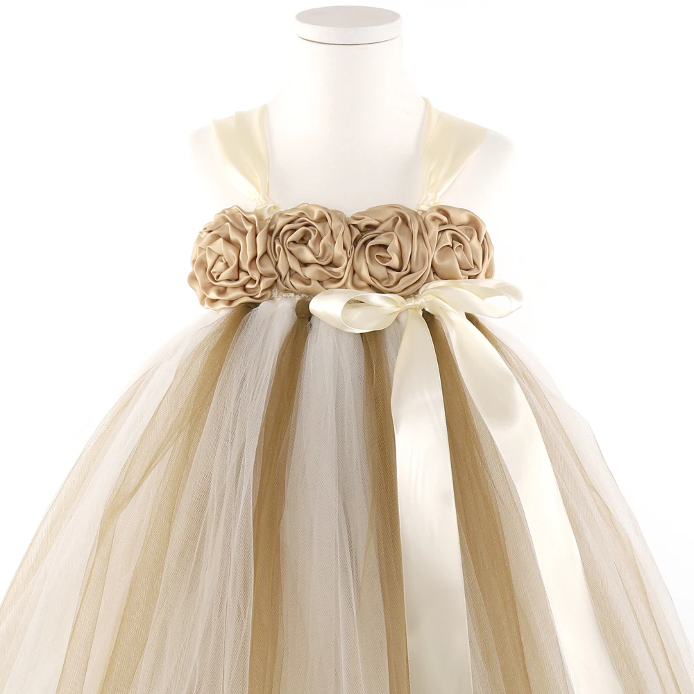 POSH DREAM Ivory Flower Girl Dress Gold Champagne Flower Girl Tutu Dress Birthday Party Clothes for Children Kids