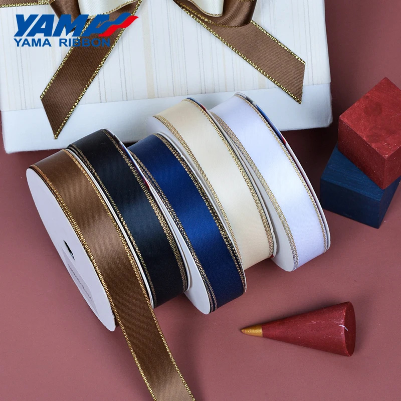

Атласная лента YAMA-Gold Edge, 1,5 дюйма, 38 мм, 100 ярдов за лот, аксессуар для платья «сделай сам», свадебные украшения, подарки