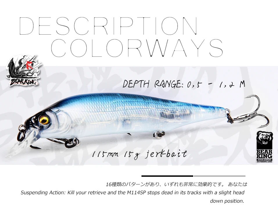 M114 BEARKING 115 mm 15 g Gewichtssystem Top Fishing Hard Lures Bait Minnow Crank Wobbler Qualität Tackle Haken – Detail 2