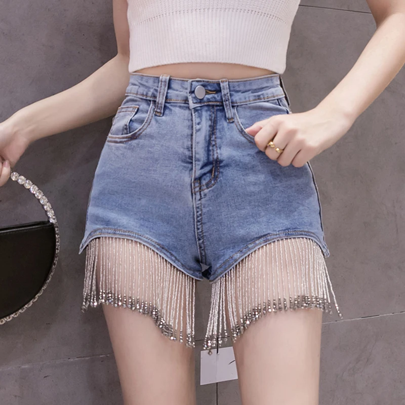 

Streetwear 2024Summer New Rhinestone Fringed High Waist Denim Shorts Flash Wimen's High-end Diamond Tassel Short Jeans Hot Pants