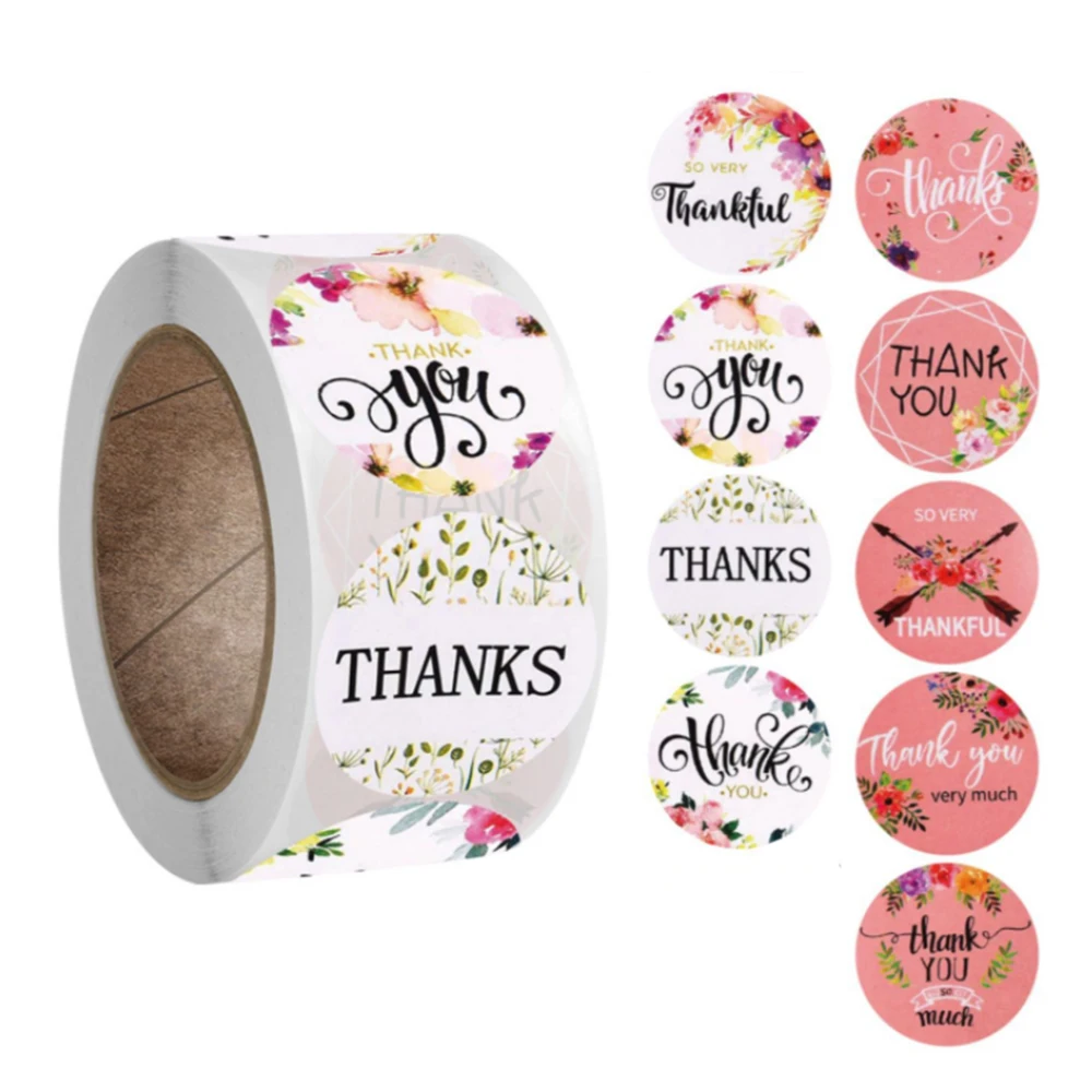 100/300/500pcs Floral Thank You Stickers 1 inch Round Seal Label Handmade Scrapbooking Decor Envelope Stationery Roll Sticker