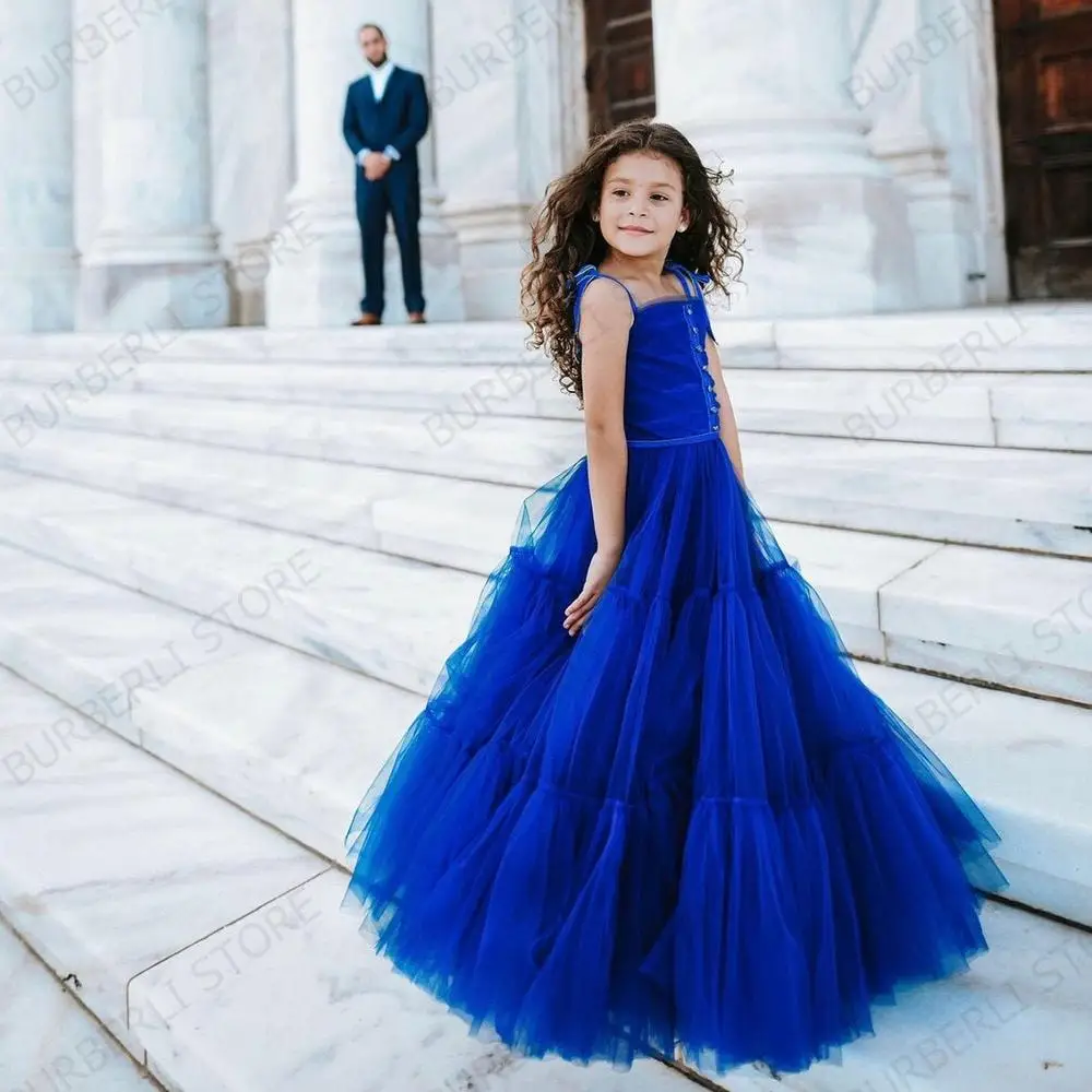 Royal Blue Mommy & Me Tulle Puffy Dress Ruffled Tiered A-line Dresses Floor Length Strapless Fromal Party Gown Custom made