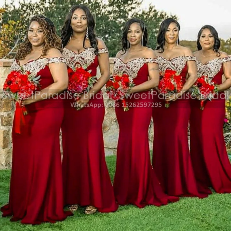 Exquisite Appliques Meerjungfrau Brautjungfer Kleider Lange Rot Aus Schulter Frauen Fischschwanz Hochzeit Party Kleid Maid Of Honor