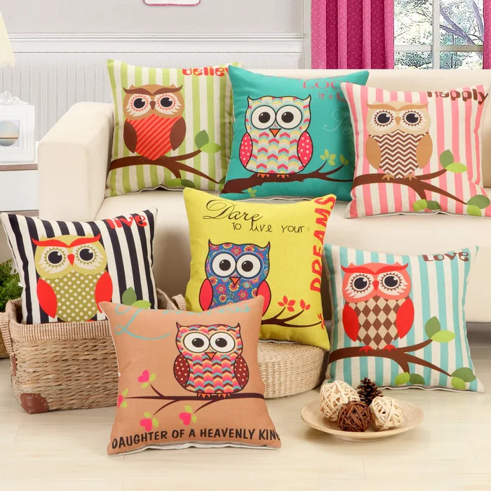 1Pcs Cotton Linen Striped Branch Owl Pattern Throw Pillow Cushion Cover Seat Car Home Decor Sofa Bed Decorative Pillowcase 40108