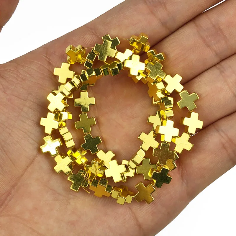 JHNBY Gold Color Jesus Cross Hematite Natural Stone 8mm 46pcs Spacer Loose Beads For Jewelry bracelets Making Diy Accessories