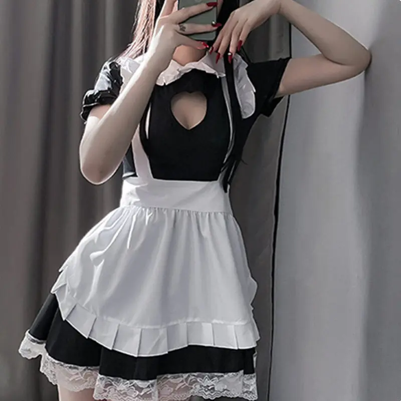 Uniforme tentación pasión muñeca Collar plisado encaje traje de sirvienta Cosplay dulce encaje corazón hueco lencería Sexy traje de Cosplay