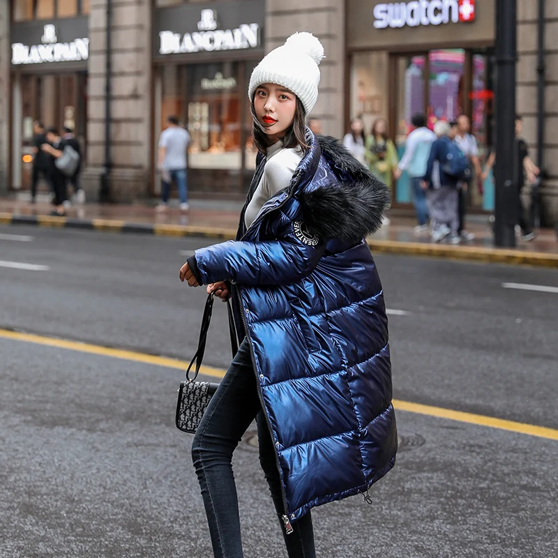 Fur Collar X-long Winter Jacket Women Solid Hooded Korean Style Parkas Female Plus Size Hooded With Epaulet Shiny Thick Outwear