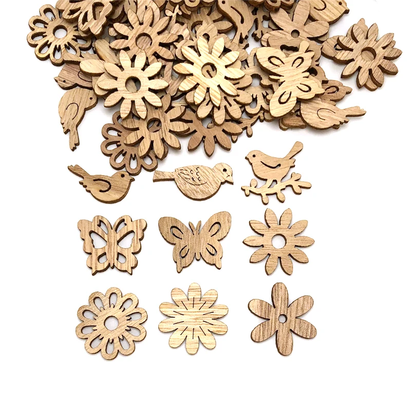 25/50pcs Mix Natural Wood Chips Butterfly Flowers Wooden DIY Crafts Christmas Tree Hanging Ornaments Wedding Party Home Decor