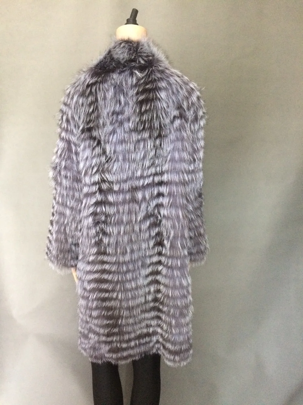 Women's Striped Real Silver Fox Fur Coat, Long Cardigen with Wool Lining, Big Size Clothes, Elegant Outwear, Spring, Lux18A09164