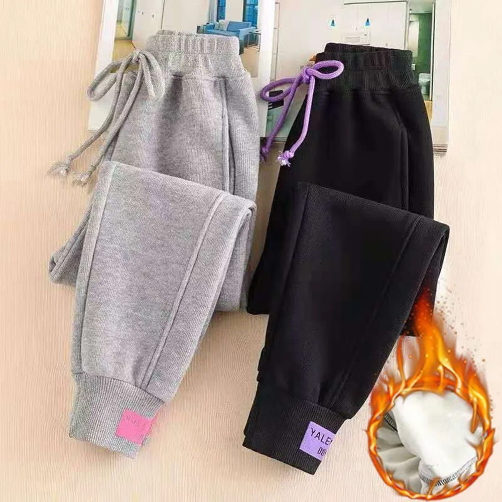 Women Winter Autumn Fleece Thicken Solid Color Ankle Length Pant Female Korean Elastic Waist Loose Casual Streetwear Trousers